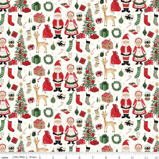 Image of the Charming Christmas Santa & Mrs. Claus Cloud quilting cotton fabric by Riley Blake Designs. Features icons on a cream background. Cute Little Fabric Shop