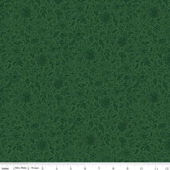 Image of the Charming Christmas Floral Outline Green quilting cotton fabric by Riley Blake Designs. Features flowers on a green background. Cute Little Fabric Shop