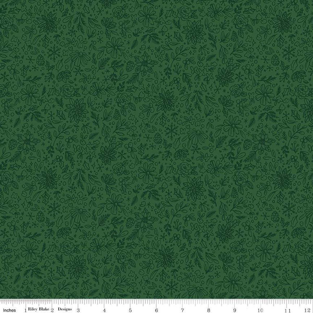 Image of the Charming Christmas Floral Outline Green quilting cotton fabric by Riley Blake Designs. Features flowers on a green background. Cute Little Fabric Shop
