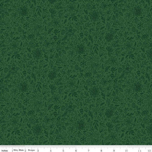 Image of the Charming Christmas Floral Outline Green quilting cotton fabric by Riley Blake Designs. Features flowers on a green background. Cute Little Fabric Shop