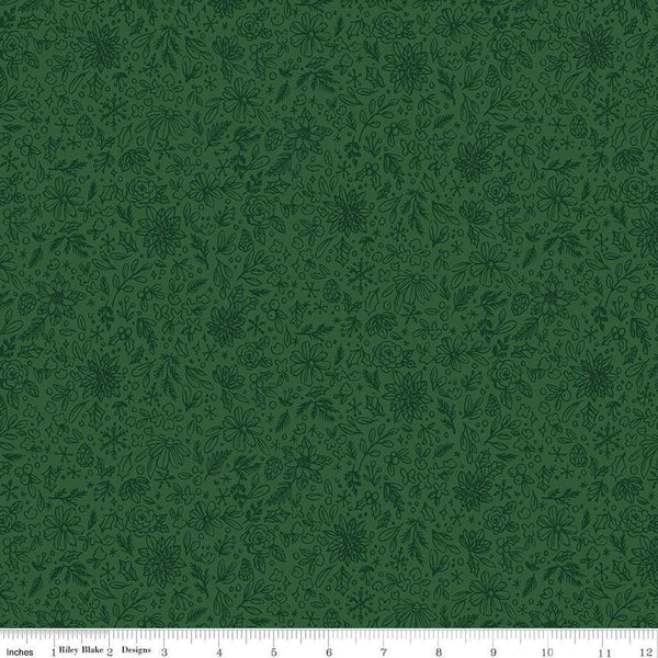 Image of the Charming Christmas Floral Outline Green quilting cotton fabric by Riley Blake Designs. Features flowers on a green background. Cute Little Fabric Shop