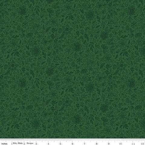 Image of the Charming Christmas Floral Outline Green quilting cotton fabric by Riley Blake Designs. Features flowers on a green background. Cute Little Fabric Shop