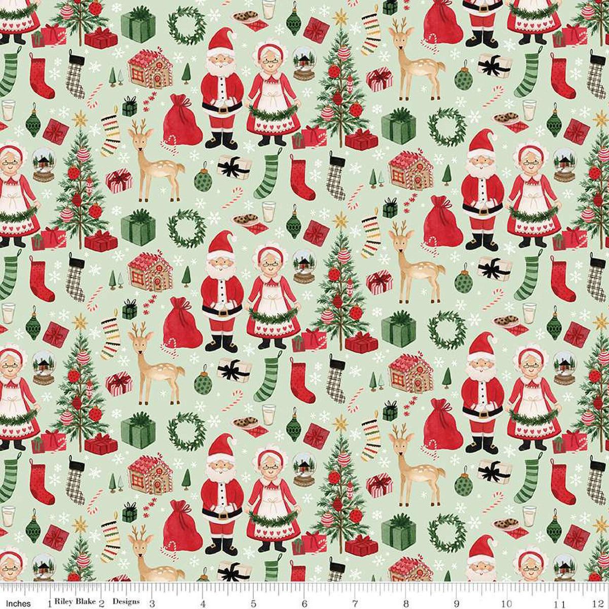 Image of the Charming Christmas Santa & Mrs. Claus Mint quilting cotton fabric by Riley Blake Designs. Features icons on a green background. Cute Little Fabric Shop