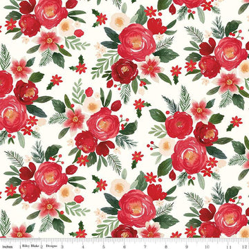 Image of the Charming Christmas Main Cloud quilting cotton fabric by Riley Blake Designs. Features flowers on a cream background. Cute Little Fabric Shop