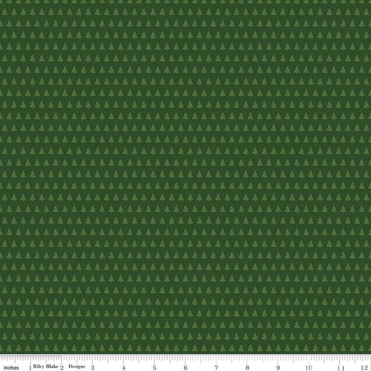 Image of the More Christmas Wishes Trees Forest quilting cotton fabric by Riley Blake Designs. Features trees on a green background. Cute Little Fabric Shop
