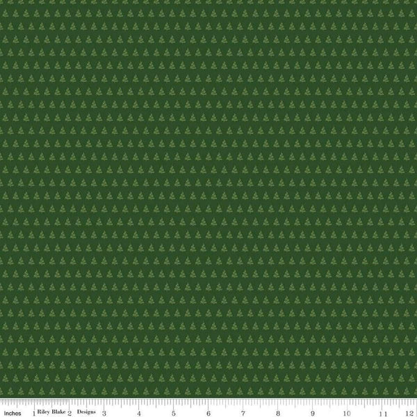 Image of the More Christmas Wishes Trees Forest quilting cotton fabric by Riley Blake Designs. Features trees on a green background. Cute Little Fabric Shop