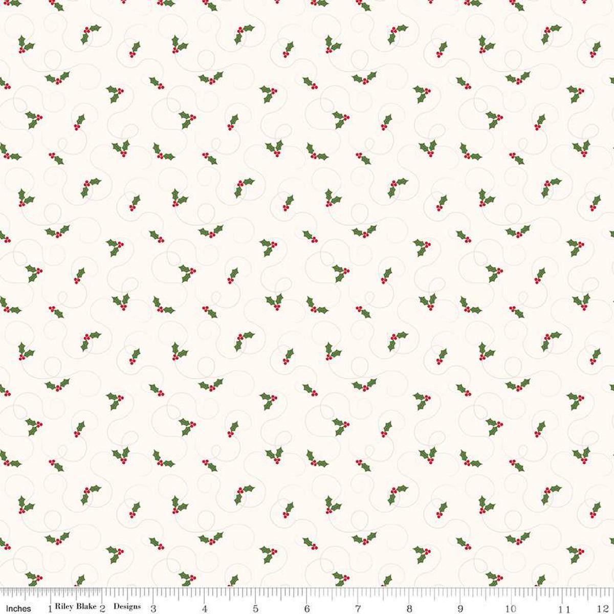 Image of the More Christmas Wishes Holly White quilting cotton fabric by Riley Blake Designs. Features holly on a white background. Cute Little Fabric Shop