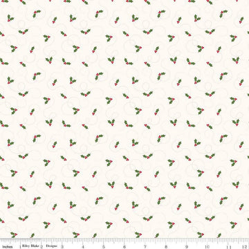 Image of the More Christmas Wishes Holly White quilting cotton fabric by Riley Blake Designs. Features holly on a white background. Cute Little Fabric Shop