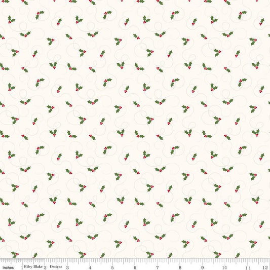 Image of the More Christmas Wishes Holly White quilting cotton fabric by Riley Blake Designs. Features holly on a white background. Cute Little Fabric Shop