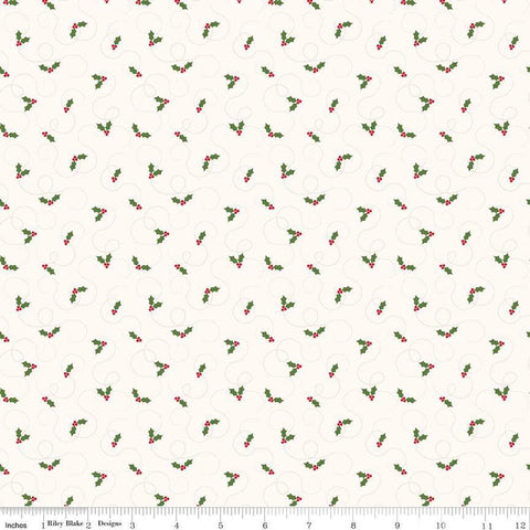 Image of the More Christmas Wishes Holly White quilting cotton fabric by Riley Blake Designs. Features holly on a white background. Cute Little Fabric Shop