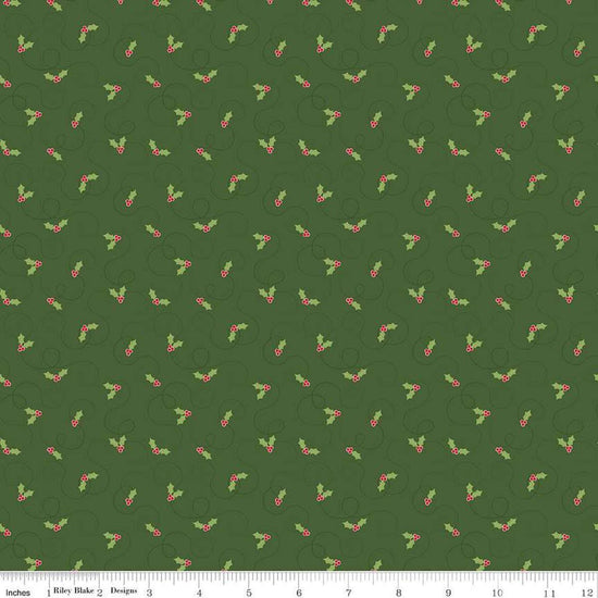 Image of the More Christmas Wishes Holly Green quilting cotton fabric by Riley Blake Designs. Features holly on a green background. Cute Little Fabric Shop