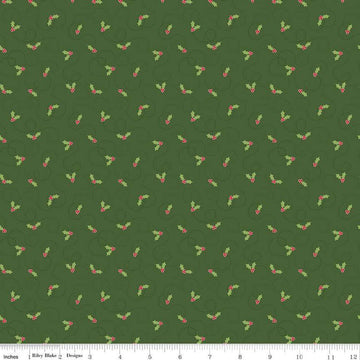 Image of the More Christmas Wishes Holly Green quilting cotton fabric by Riley Blake Designs. Features holly on a green background. Cute Little Fabric Shop