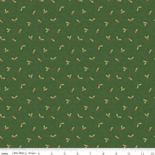 Image of the More Christmas Wishes Holly Green quilting cotton fabric by Riley Blake Designs. Features holly on a green background. Cute Little Fabric Shop