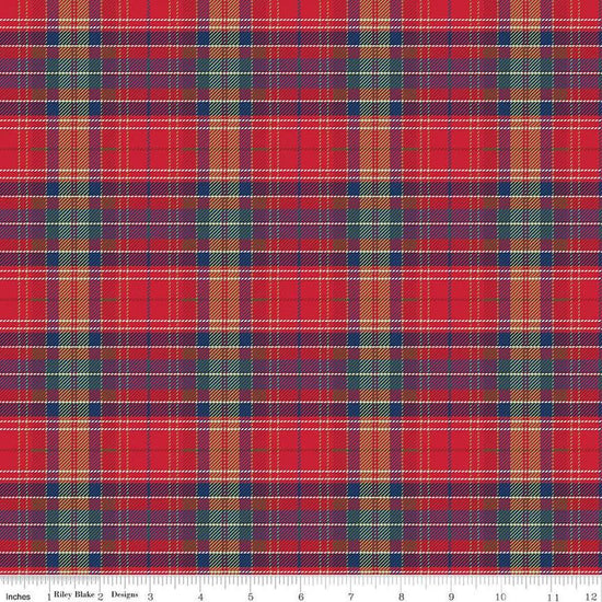 Image of the More Christmas Wishes Lumberjack Red quilting cotton fabric by Riley Blake Designs. Features stripes on a red background. Cute Little Fabric Shop