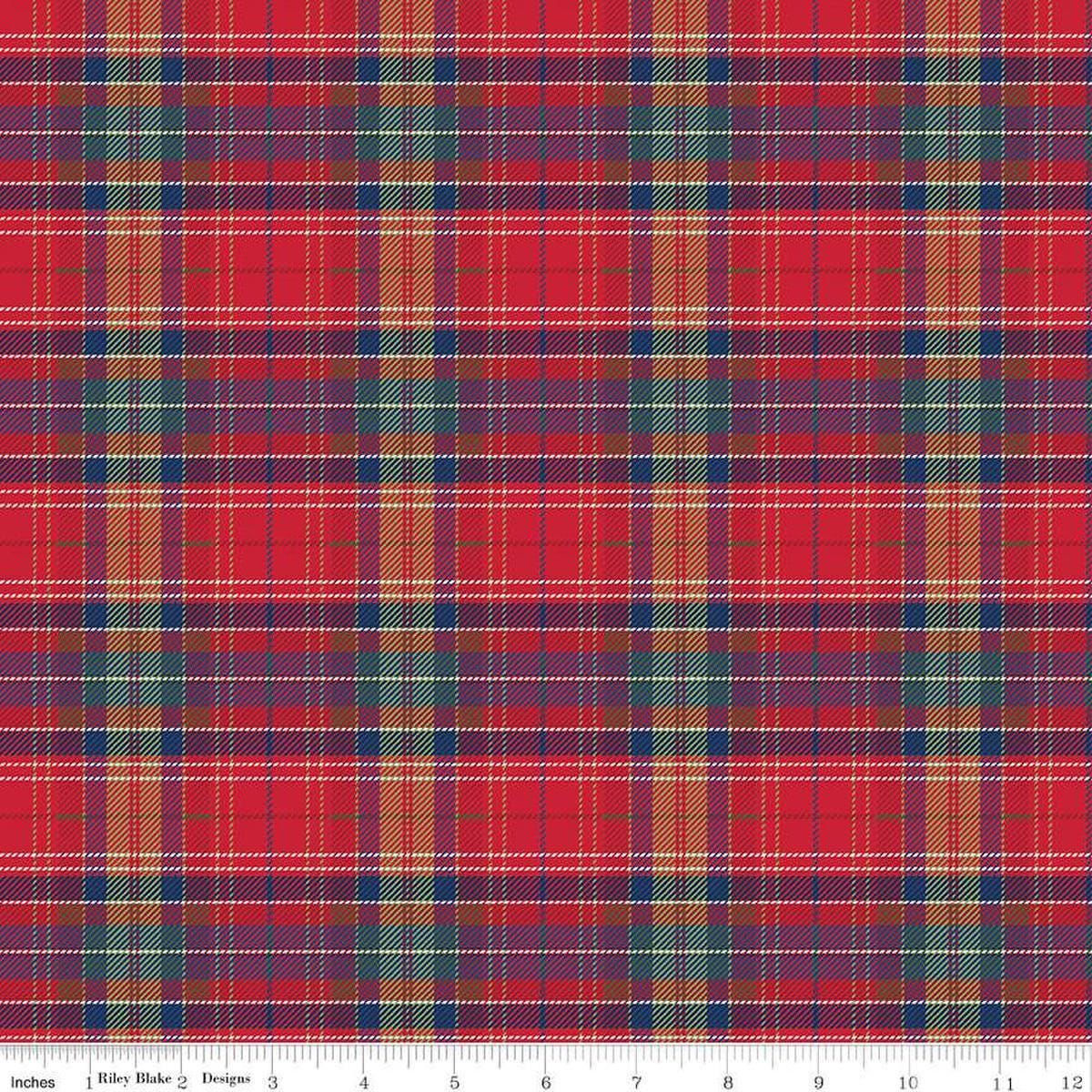 Image of the More Christmas Wishes Lumberjack Red quilting cotton fabric by Riley Blake Designs. Features stripes on a red background. Cute Little Fabric Shop