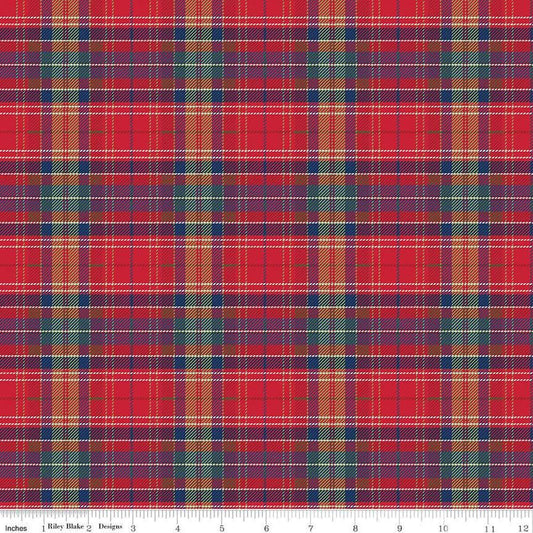 Image of the More Christmas Wishes Lumberjack Red quilting cotton fabric by Riley Blake Designs. Features stripes on a red background. Cute Little Fabric Shop