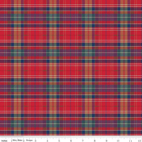 Image of the More Christmas Wishes Lumberjack Red quilting cotton fabric by Riley Blake Designs. Features stripes on a red background. Cute Little Fabric Shop