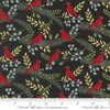 Image of the Winter Friends Cardinals Charcoal Black quilting cotton fabric by Moda Fabrics. Features birds on a black background. Cute Little Fabric Shop