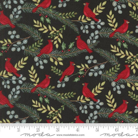 Image of the Winter Friends Cardinals Charcoal Black quilting cotton fabric by Moda Fabrics. Features birds on a black background. Cute Little Fabric Shop