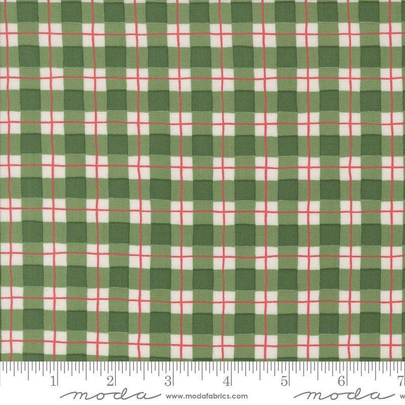Image of the Winter Friends Plaid Spruce quilting cotton fabric by Moda Fabrics. Features checks on a green background. Cute Little Fabric Shop