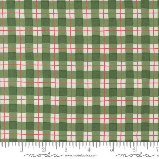 Image of the Winter Friends Plaid Spruce quilting cotton fabric by Moda Fabrics. Features checks on a green background. Cute Little Fabric Shop