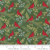 Image of the Winter Friends Cardinals Charcoal Spruce quilting cotton fabric by Moda Fabrics. Features birds on a green background. Cute Little Fabric Shop