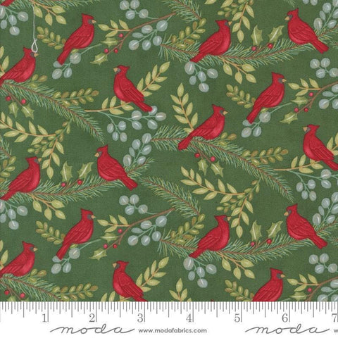 Image of the Winter Friends Cardinals Charcoal Spruce quilting cotton fabric by Moda Fabrics. Features birds on a green background. Cute Little Fabric Shop