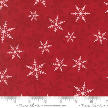 Image of the Winter Friends Woodland Berry Red quilting cotton fabric by Moda Fabrics. Features snowflakes on a red background. Cute Little Fabric Shop