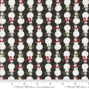 Image of the Winter Friends Snowmen Charcoal Black quilting cotton fabric by Moda Fabrics. Features snow men on a black background. Cute Little Fabric Shop