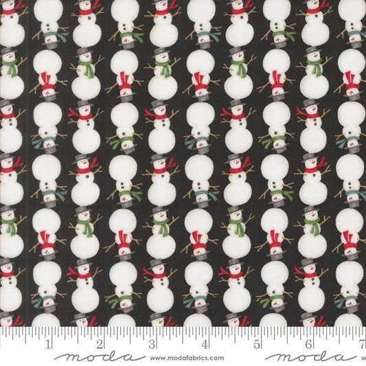 Image of the Winter Friends Snowmen Charcoal Black quilting cotton fabric by Moda Fabrics. Features snow men on a black background. Cute Little Fabric Shop