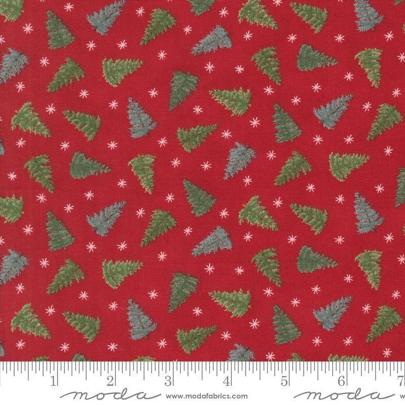 Image of the Winter Friends Trees Berry Red quilting cotton fabric by Moda Fabrics. Features trees on a red background. Cute Little Fabric Shop
