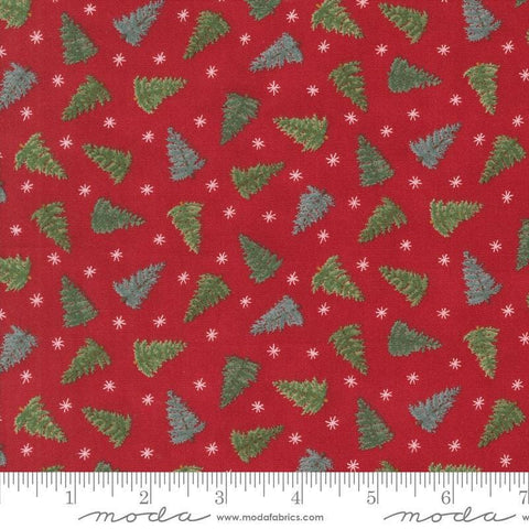 Image of the Winter Friends Trees Berry Red quilting cotton fabric by Moda Fabrics. Features trees on a red background. Cute Little Fabric Shop