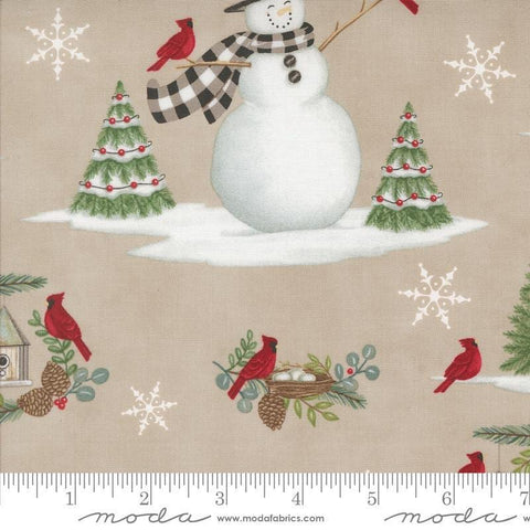 Image of the Winter Friends Main Fog quilting cotton fabric by Moda Fabrics. Features winter icons on a tan background. Cute Little Fabric Shop