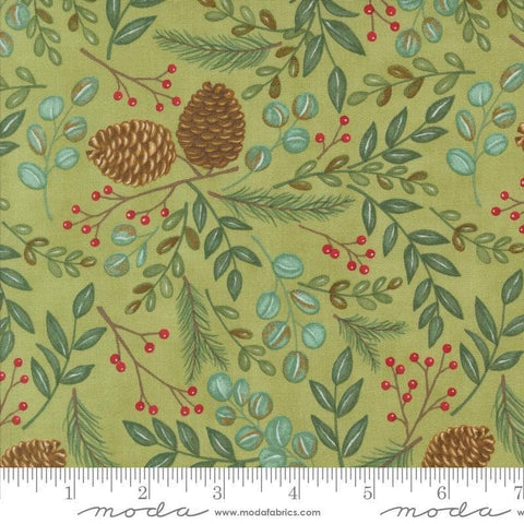 Image of the Winter Friends Woodland Holly quilting cotton fabric by Moda Fabrics. Features greenery on a green background. Cute Little Fabric Shop