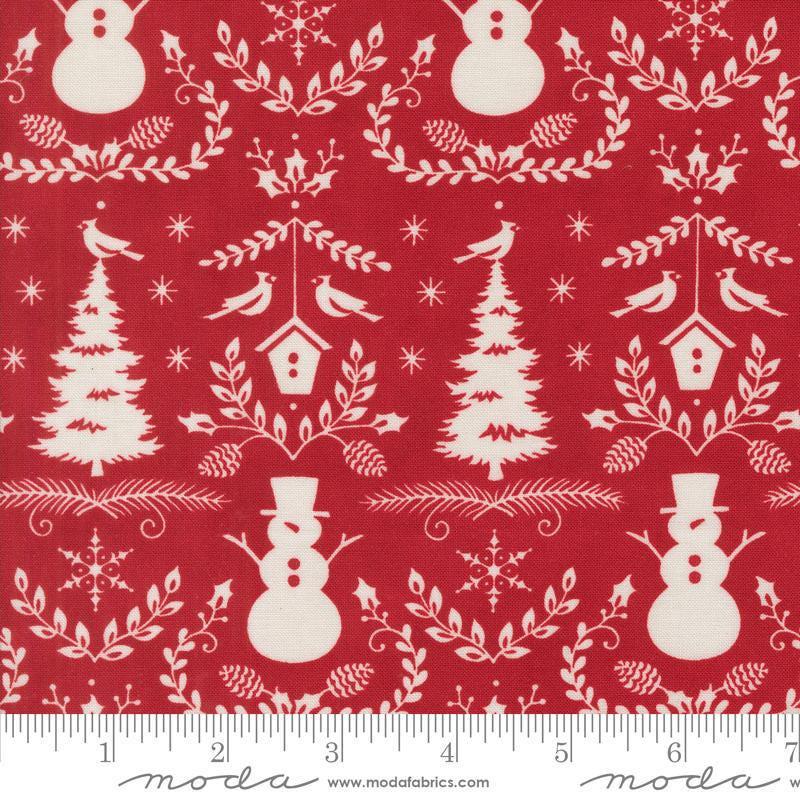Image of the Winter Friends Winter Berry Red quilting cotton fabric by Moda Fabrics. Features damask on a red background. Cute Little Fabric Shop