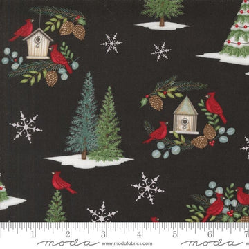 Image of the Winter Friends Main Charcoal Black quilting cotton fabric by Moda Fabrics. Features winter icons on a black background. Cute Little Fabric Shop