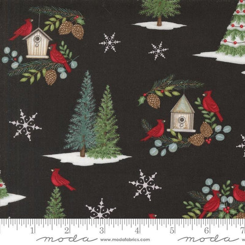 Image of the Winter Friends Main Charcoal Black quilting cotton fabric by Moda Fabrics. Features winter icons on a black background. Cute Little Fabric Shop