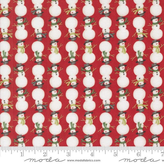 Image of the Winter Friends Snowmen Berry Red quilting cotton fabric by Moda Fabrics. Features snow men on a red background. Cute Little Fabric Shop