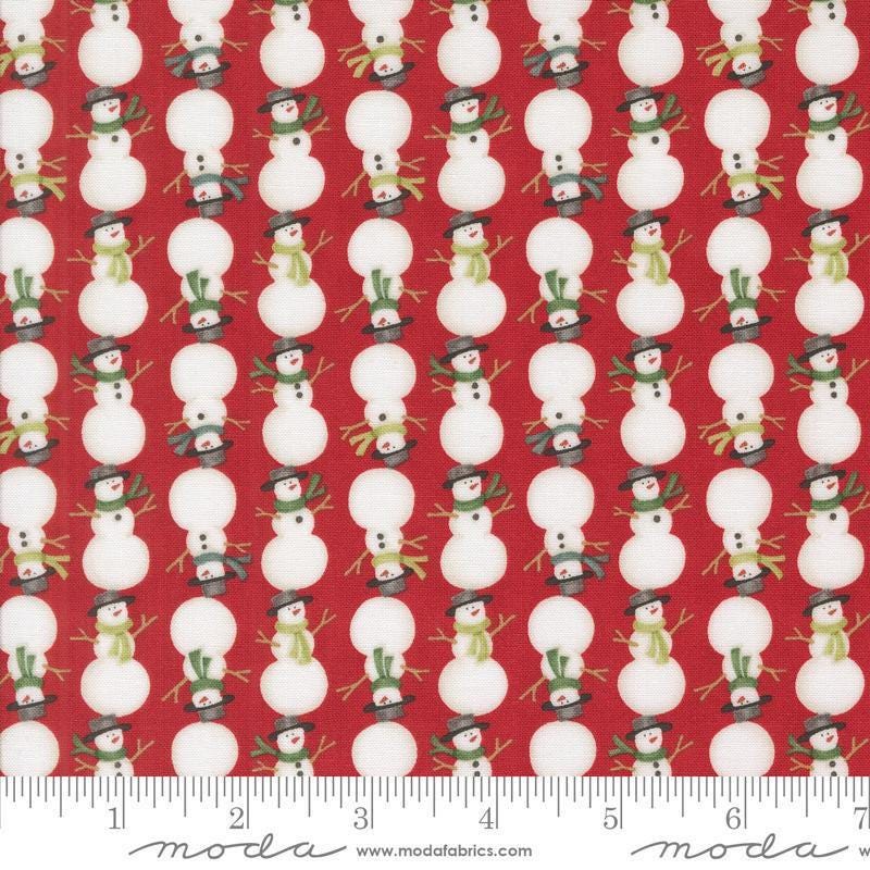 Image of the Winter Friends Snowmen Berry Red quilting cotton fabric by Moda Fabrics. Features snow men on a red background. Cute Little Fabric Shop