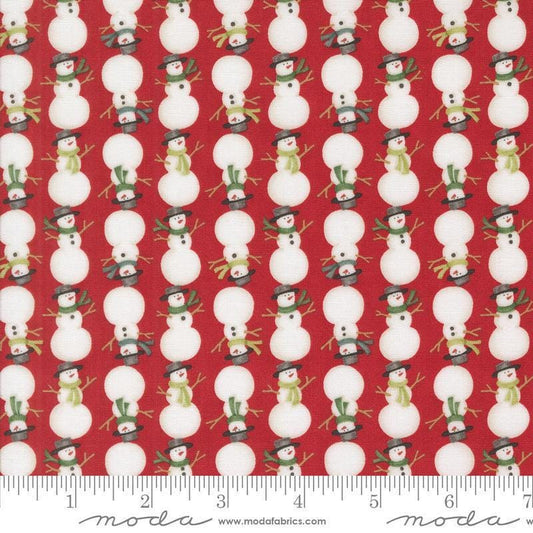 Image of the Winter Friends Snowmen Berry Red quilting cotton fabric by Moda Fabrics. Features snow men on a red background. Cute Little Fabric Shop