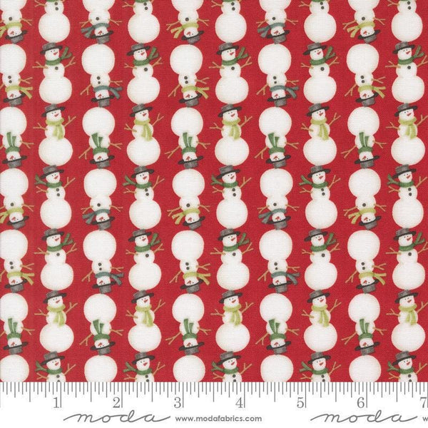 Image of the Winter Friends Snowmen Berry Red quilting cotton fabric by Moda Fabrics. Features snow men on a red background. Cute Little Fabric Shop