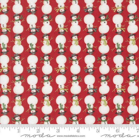 Image of the Winter Friends Snowmen Berry Red quilting cotton fabric by Moda Fabrics. Features snow men on a red background. Cute Little Fabric Shop