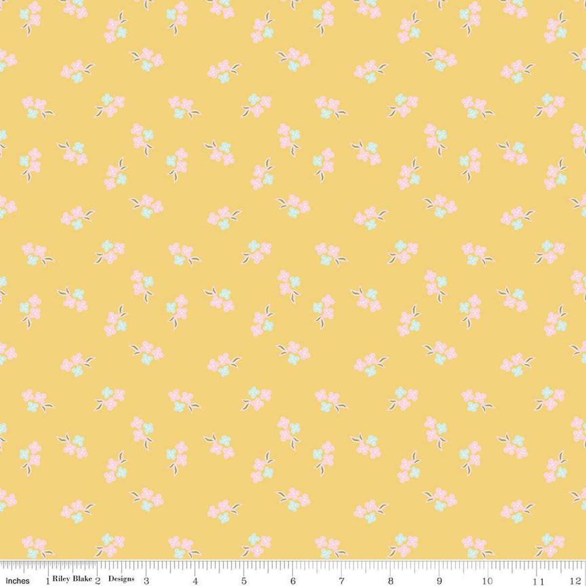 Image of the Summer Skies and Fireflies Floral Yellow Quilting Cotton Fabric by Riley Blake Designs. Features flowers on a yellow background. Cute Little Fabric Shop