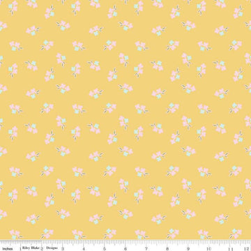 Image of the Summer Skies and Fireflies Floral Yellow Quilting Cotton Fabric by Riley Blake Designs. Features flowers on a yellow background. Cute Little Fabric Shop