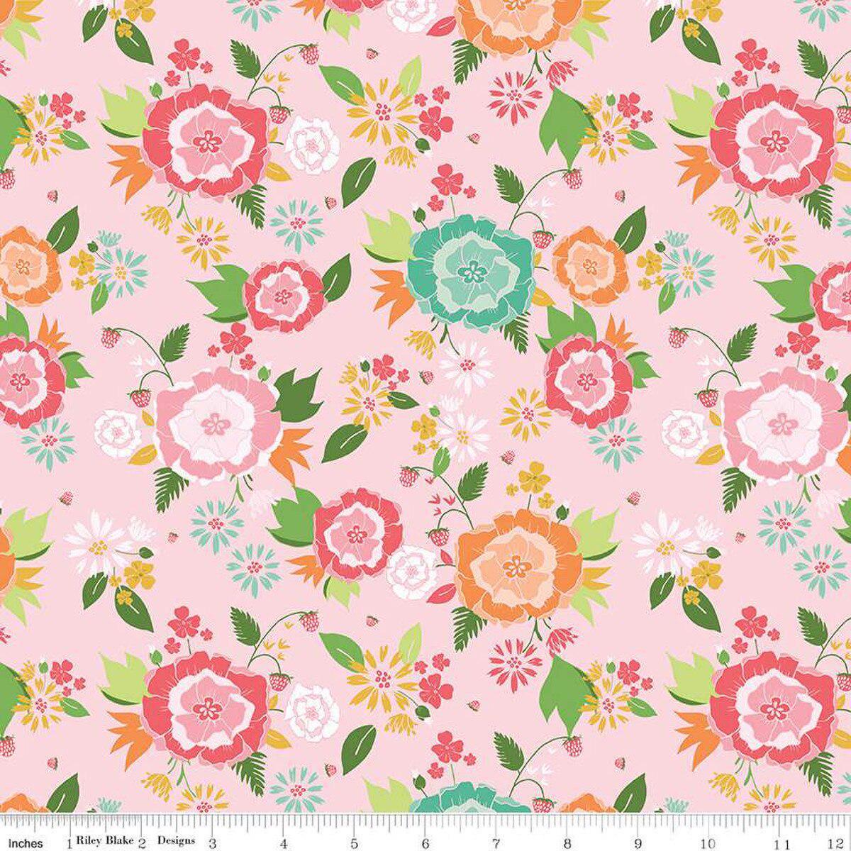 Image of the Summer Skies and Fireflies Main Pink Quilting Cotton Fabric by Riley Blake Designs. Features flowers on a pink background. Cute Little Fabric Shop