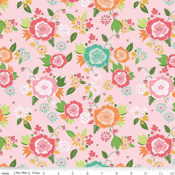 Image of the Summer Skies and Fireflies Main Pink Quilting Cotton Fabric by Riley Blake Designs. Features flowers on a pink background. Cute Little Fabric Shop