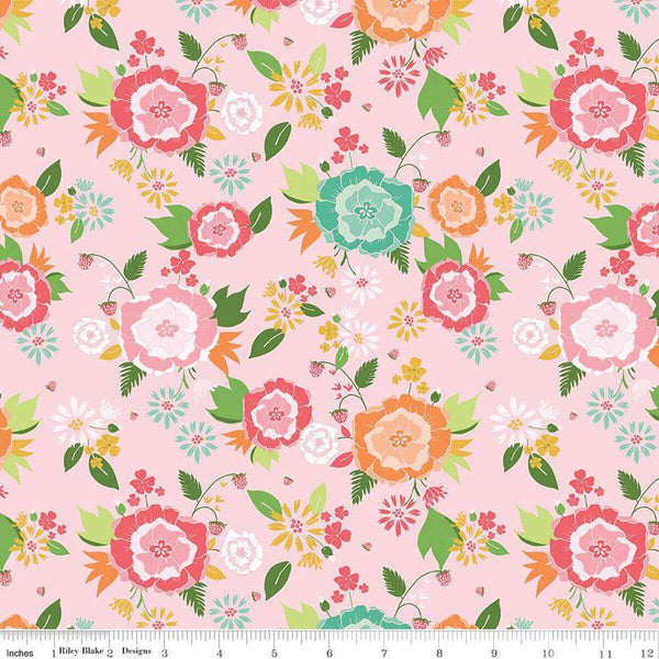 Image of the Summer Skies and Fireflies Main Pink Quilting Cotton Fabric by Riley Blake Designs. Features flowers on a pink background. Cute Little Fabric Shop