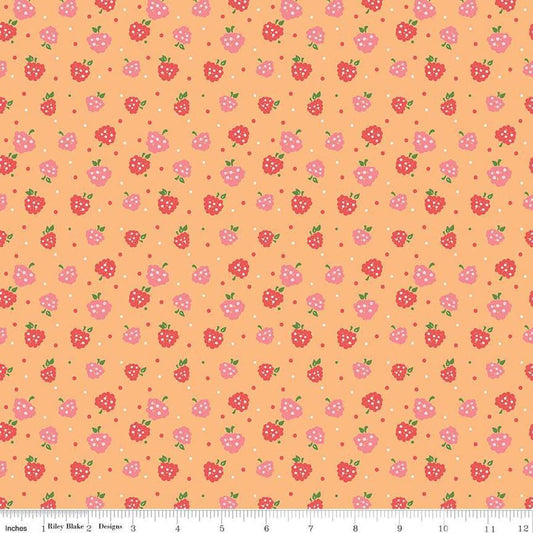 Image of the Summer Skies and Fireflies Raspberries Orange Quilting Cotton Fabric by Riley Blake Designs. Features raspberries on an orange background. Cute Little Fabric Shop
