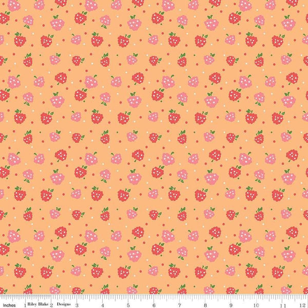 Image of the Summer Skies and Fireflies Raspberries Orange Quilting Cotton Fabric by Riley Blake Designs. Features raspberries on an orange background. Cute Little Fabric Shop
