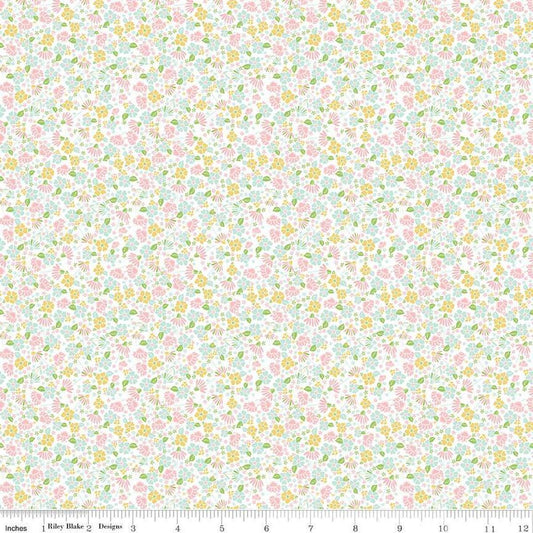 Image of the Summer Skies and Fireflies Garden Pink Quilting Cotton Fabric by Riley Blake Designs. Features flowers on a pink background. Cute Little Fabric Shop